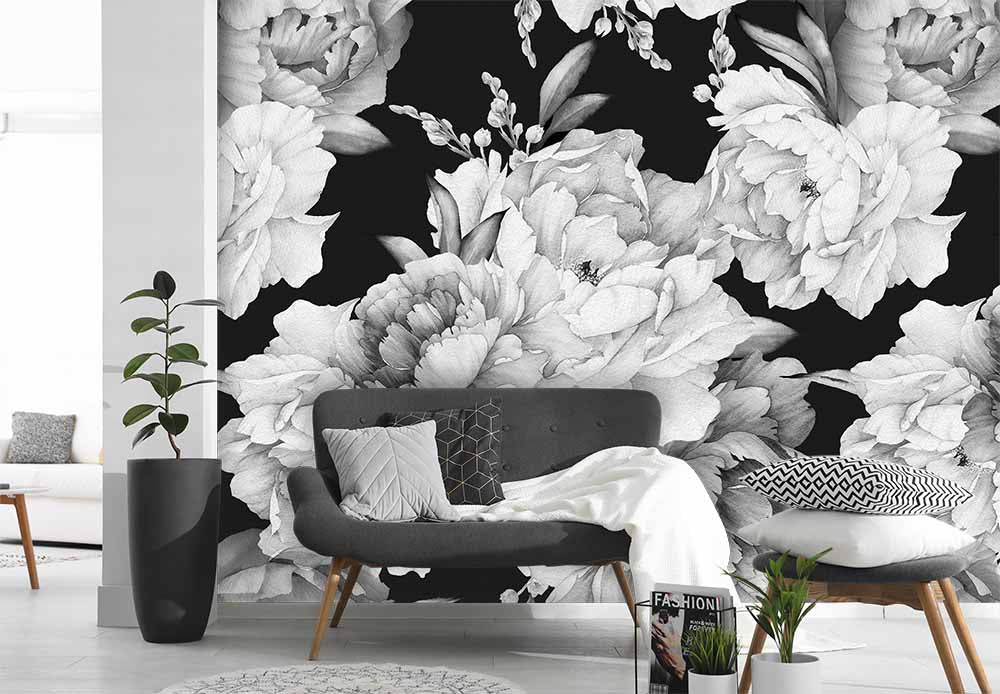 Pivoines à l'Aquarelle en Noir et Blanc (Fond Noir)