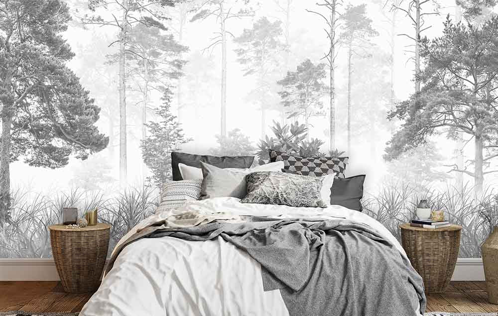 Forêt Brumeuse en Noir et Blanc avec Texture de Canevas